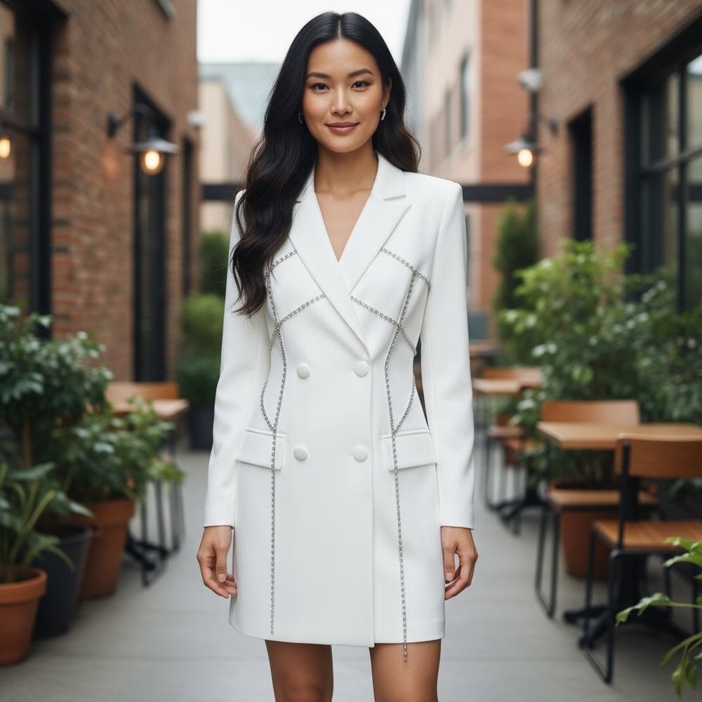 Valiant Rhinestone Embellished Double Breasted Long White Blazer Dress